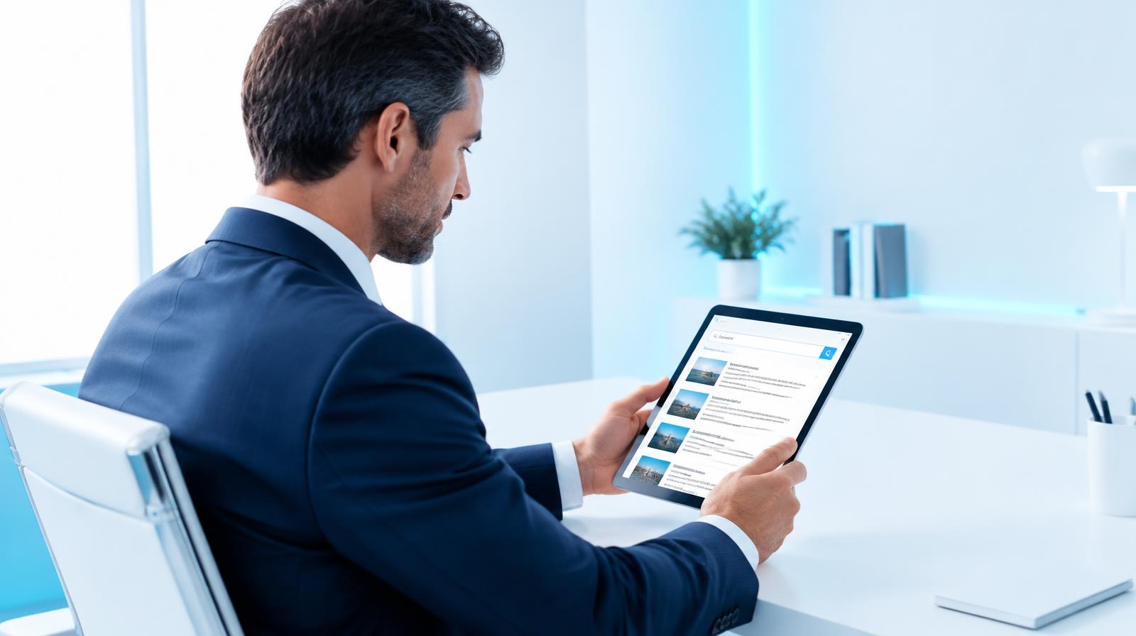 Executive reviewing search results on a tablet