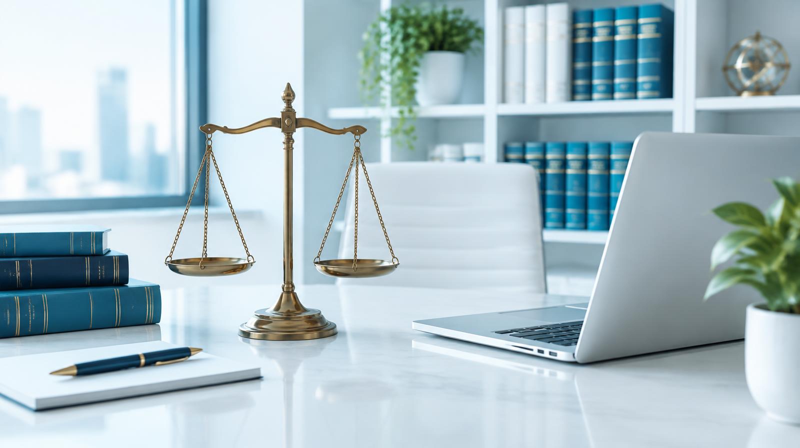 Scales of justice on a law office desk
