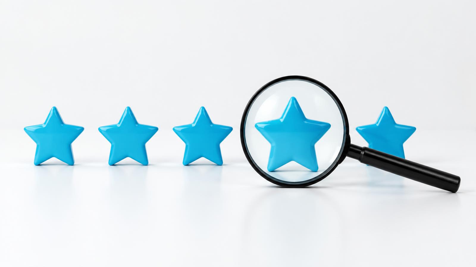 Row of star ratings under a magnifying glass