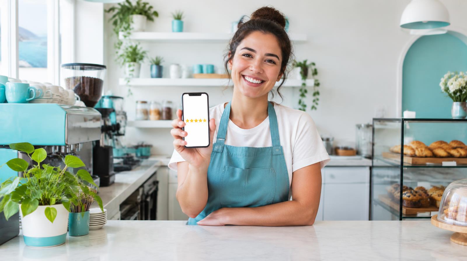 Cafe owner showing five-star reviews on a phone